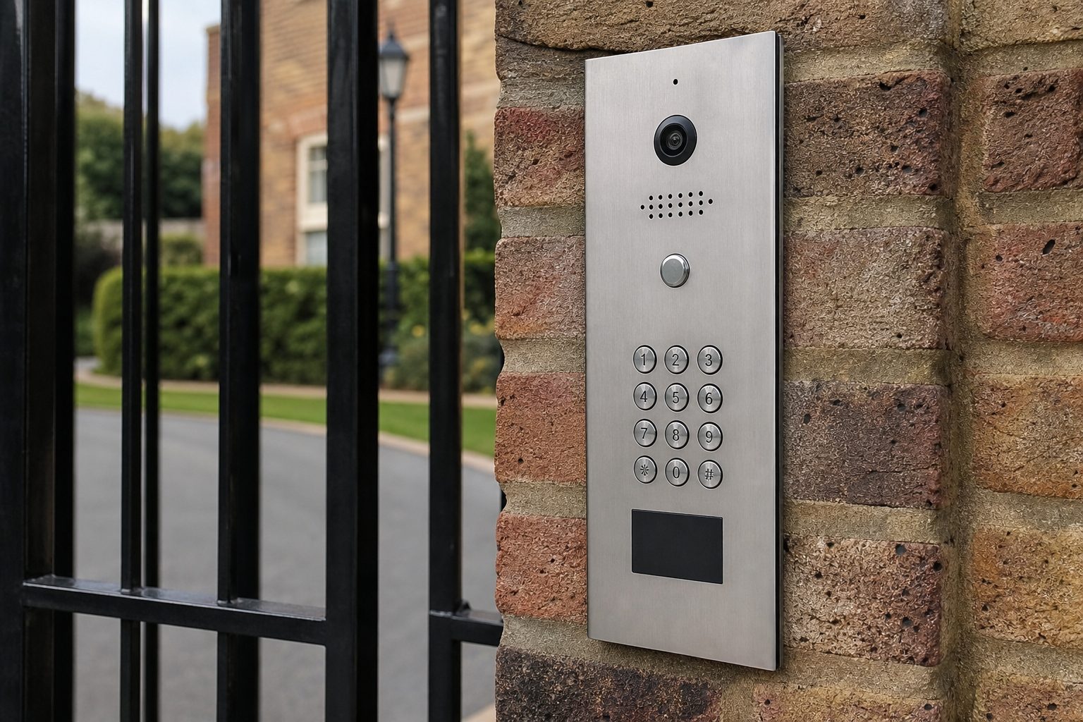 A stainless steel video intercom entry panel with keypad on a gate pillar