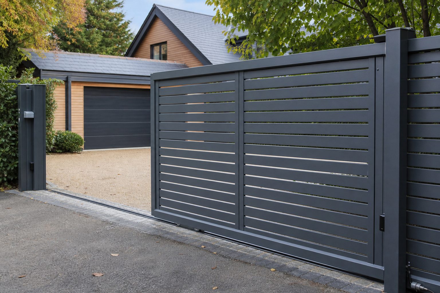 A grey slatted aluminium sliding cantilever gate part open across a driveway